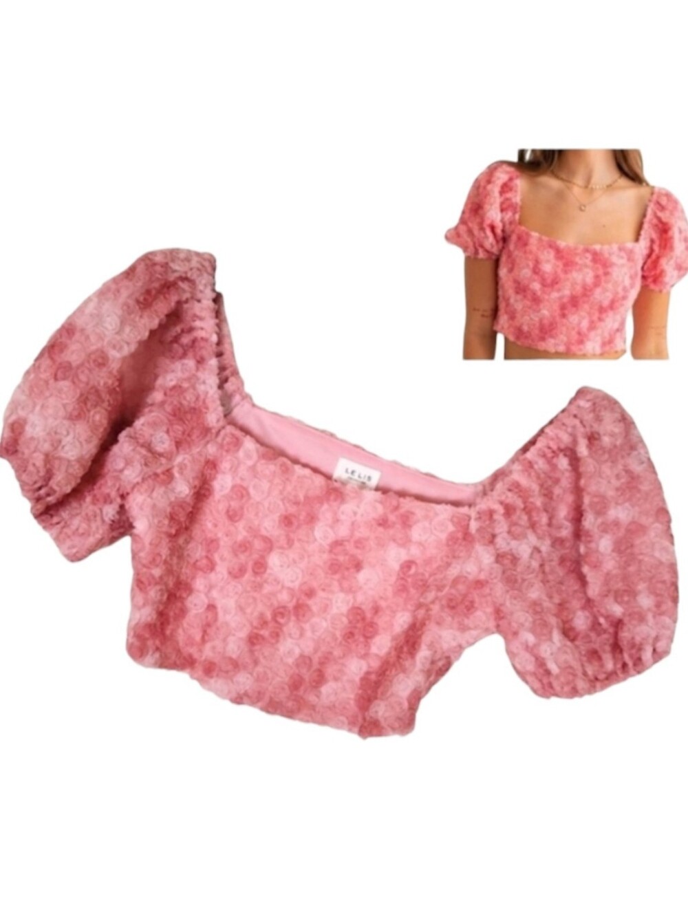 Le Lis Collection Women's Mult Tone Pink 3d Rose Tulle Crop Top Puff Sleeves xs